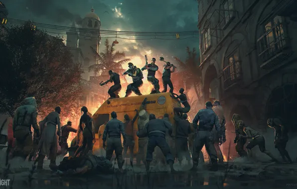 Машина, город, пальмы, люди, Dying Light