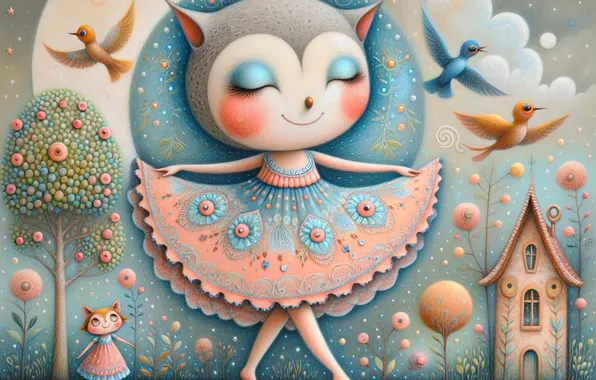 Кошка, птицы, улыбка, стилизация, платье, киска, домик, ИИ-арт