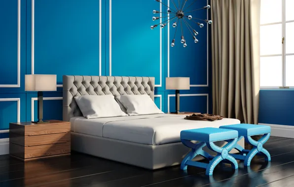 Картинка кровать, интерьер, спальня, blue, bedroom