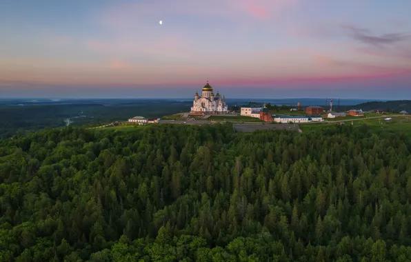 Пейзаж, природа, рассвет, утро, храм, леса, Пермский край, Белая гора