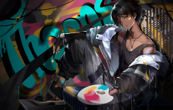 Девушка, граффити, ступеньки, палитра, кисть, Thorns, Arknights
