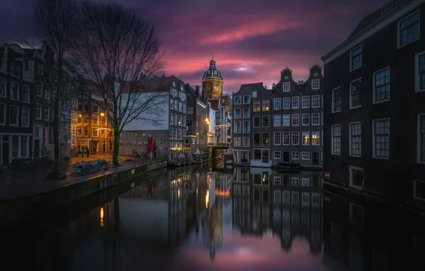 World, Sunset, Amsterdam, Reflection, Buildings, Canal, Cityscape, Night photography