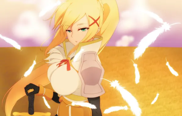 Меч, доспехи, anime, art, Kono Subarashii Sekai ni Shukufuku wo, девушкa, Lalatina Dustiness Ford
