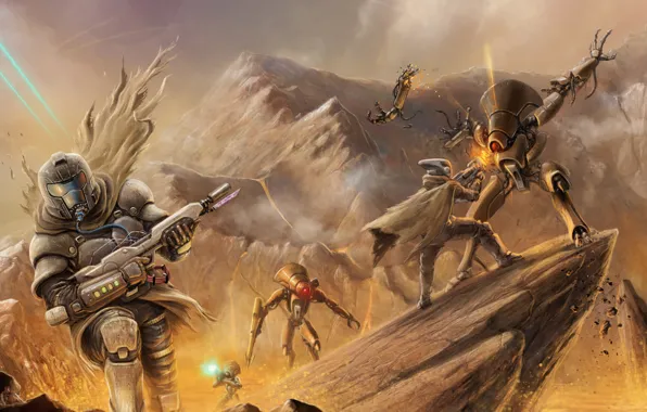 Картинка оружие, скалы, роботы, арт, солдаты, битва, Bungie, Destiny