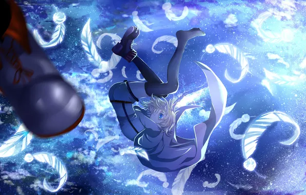 Небо, девушка, звезды, аниме, перья, арт, vocaloid, kagamine rin