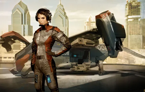 Картинка девушка, самолет, игра, графика, арт, пилот, Deus Ex, Human Revolution