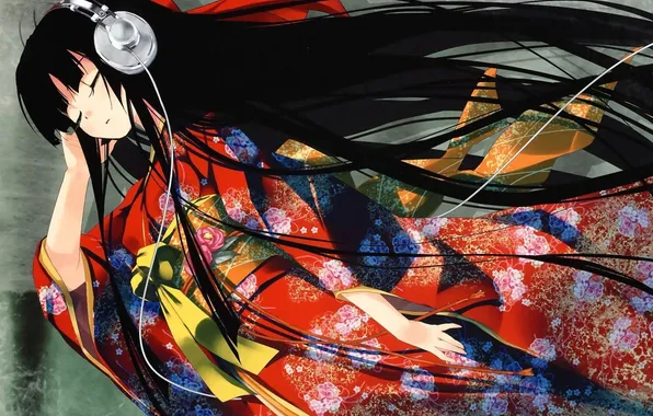 Картинка узор, наушники, кимоно, адская девочка, enma ai, jigoku shoujo