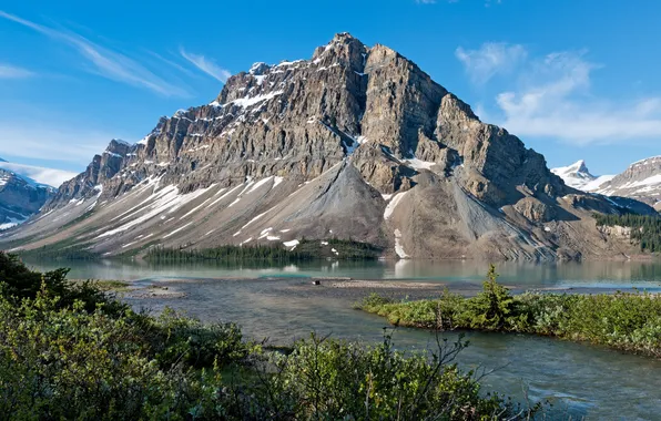 Картинка пейзаж, горы, природа, скала, озеро, берег, Канада, кусты