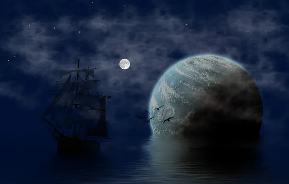 Картинка море, небо, птицы, отражение, луна, корабль, планета