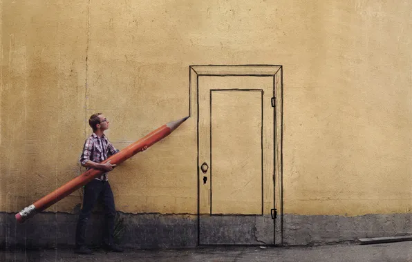 Картинка парень, стена, карандаш, дверь