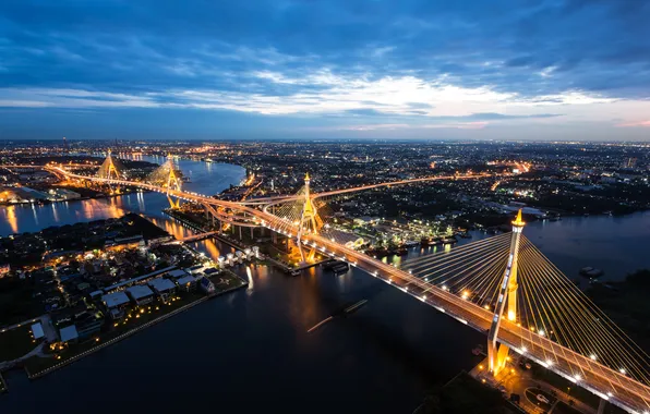 Ночь, огни, река, дома, панорама, Таиланд, Бангкок, мосты