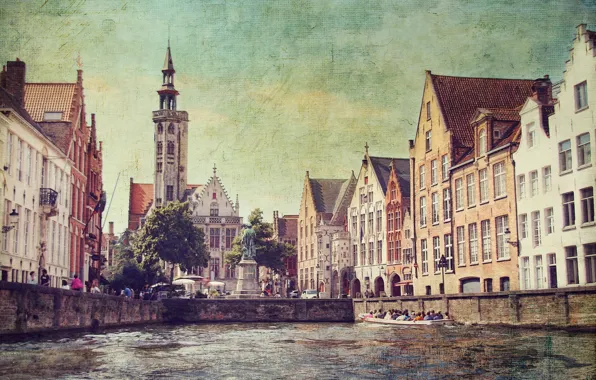 Картинка люди, лодка, дома, канал, башни, Бельгия, фильтр, Брюгге