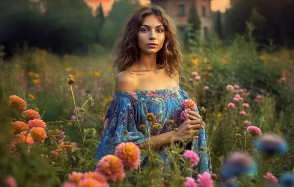 Поле, лето, взгляд, девушка, цветы, домик, шатенка, прогулка