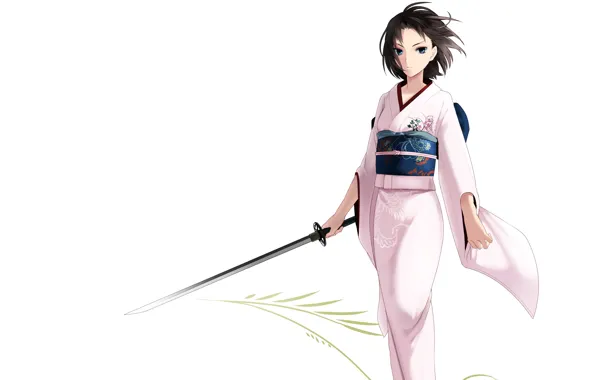 Картинка девушка, узор, меч, катана, кимоно, светлый фон, Kara no Kyoukai, сад грешников