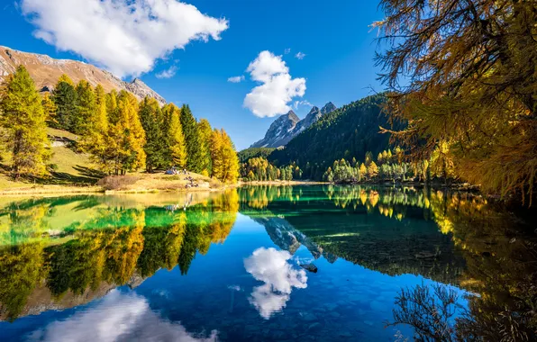 Осень, лес, небо, вода, солнце, облака, деревья, горы