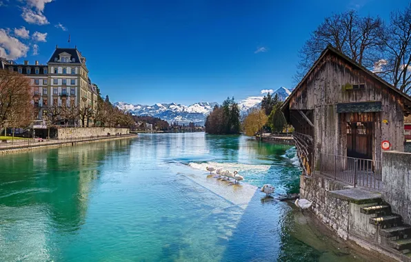 Горы, природа, дом, река, HDR, Швейцария, Switzerland, Houses