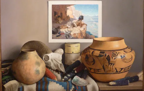 Ваза, картина, кукуруза, Still life, череп козла, William Acheff, Индейский натюрморт