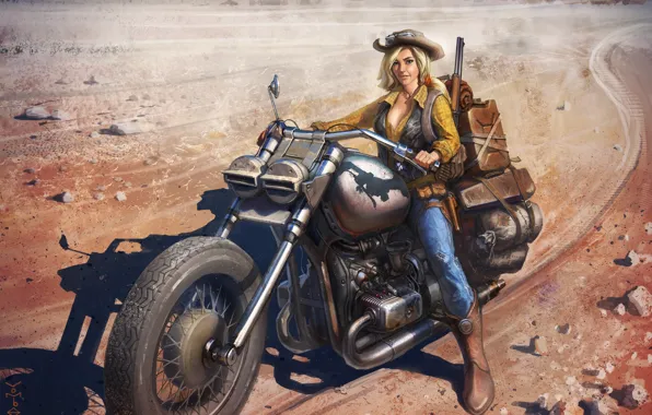 Картинка взгляд, девушка, шляпа, сапоги, арт, мотоцикл