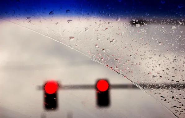 Машина, капли, дождь, светофор, лобовое стекло, красный свет