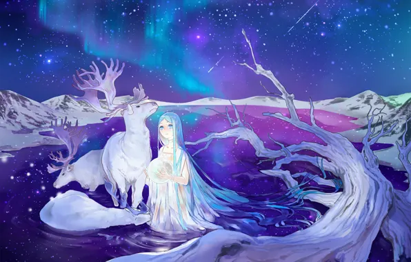 Звезды, ночь, озеро, северное сияние, олени, Hatsune Miku, Vocaloid, голубые волосы
