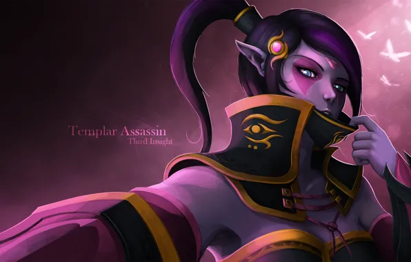 Взгляд, девушка, бабочки, арт, голубые глаза, Dota 2, Lanaya, Templar Assassin