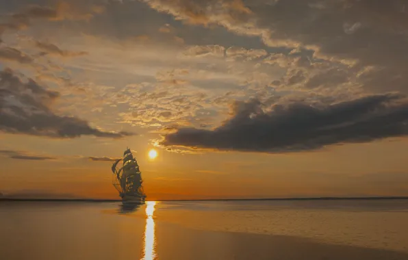 Море, небо, солнце, облака, закат, корабль, парусник