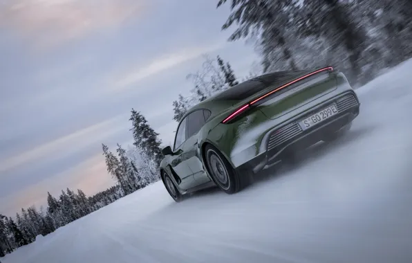 Снег, Porsche, зелёный, вид сзади, 2020, Taycan, Taycan 4S
