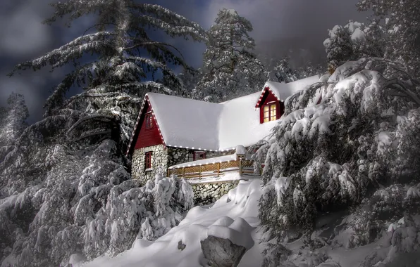 Картинка зима, снег, деревья, пейзаж, горы, природа, дом, камни