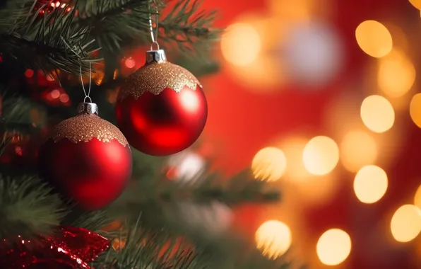 Украшения, фон, шары, елка, Новый Год, Рождество, red, golden