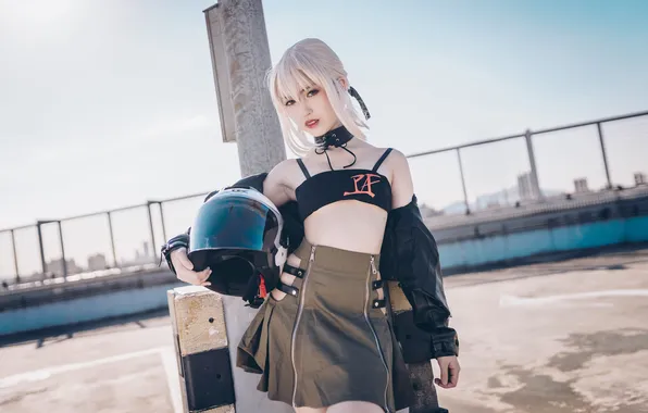 Картинка women, cosplay, blonde, asian, skirt, helmet, smoky eyes, leather jacket