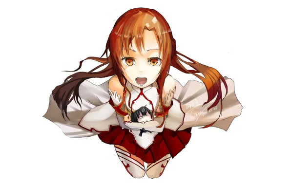 Белый фон, рыжая, чиби, art, смотрит вверх, Yuuki Asuna, Sword Art Online, Kirigaya Kazuto