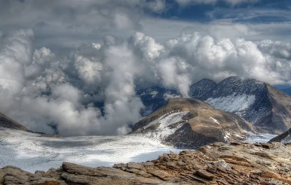 Картинка облака, снег, горы, скалы, вершины, высота