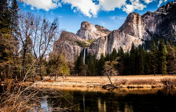 Картинка деревья, горы, река, берег, вершины, водопад, США, Yosemite national park