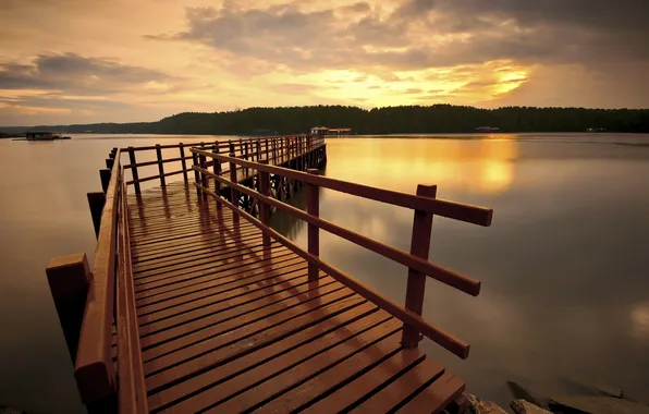 Картинка пейзаж, закат, мост, озеро