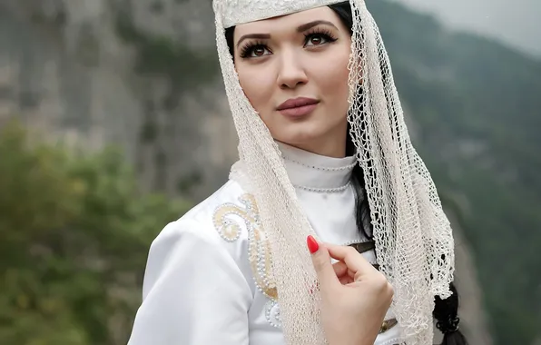 Горы, природа, коса, Nino, Батраз Табуев, горянка, осетинское национальное платье