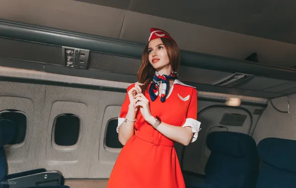Картинка взгляд, Девушка, форма, самолёт, стюардесса, Антон Харисов, Ксения Серкова