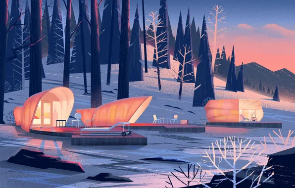 Зима, лес, берег, водоём, Nomadic Homes Illustrations