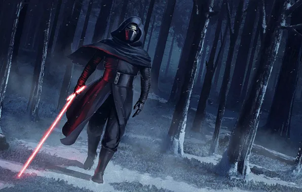 Зима, Рисунок, Лес, Star Wars, Меч, Fantasy, Art, Световой Меч