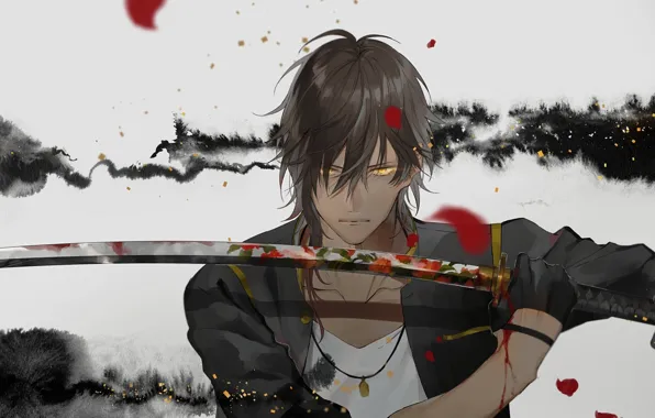 Взгляд, кровь, меч, арт, самурай, парень, стойка, touken ranbu
