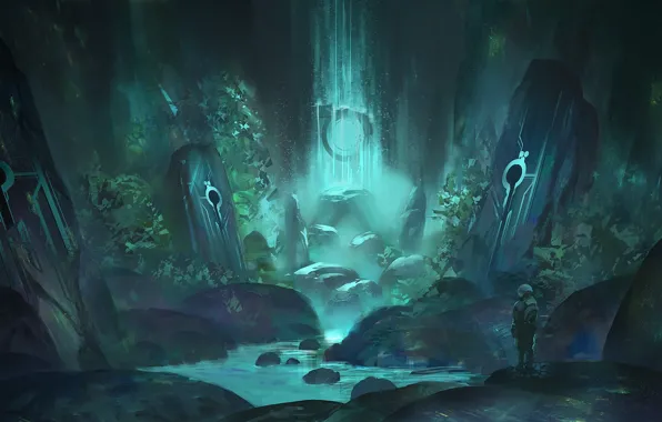 Картинка вода, ручей, камни, человек, водопад, арт, пещера, руны