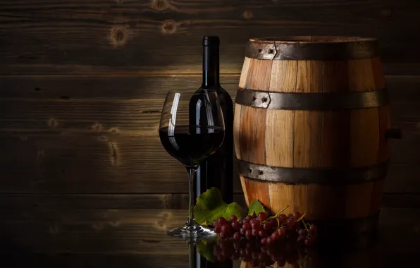Вино, бокал, виноград, бочка