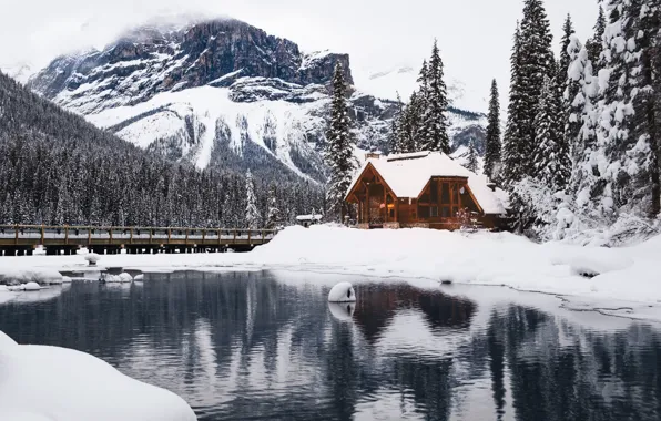 Зима, горы, озеро, дом, Emerald Lake