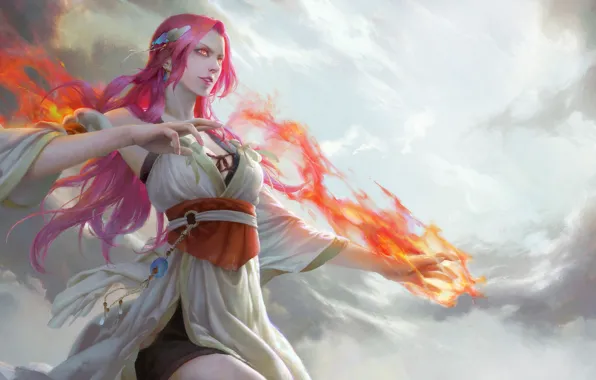 Картинка девушка, магия, фэнтези, арт, flame, 弘毅 李