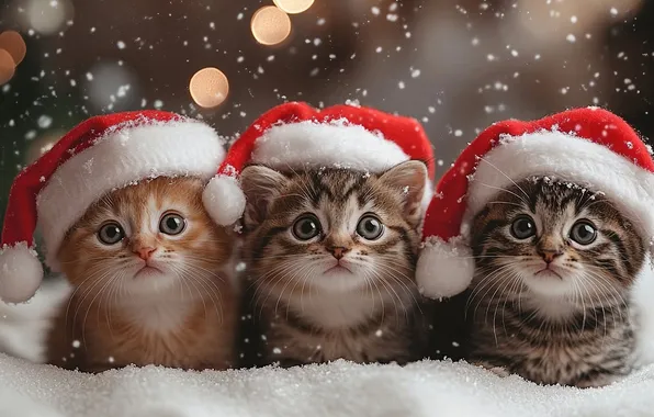 Снег, блики, котята, шапки