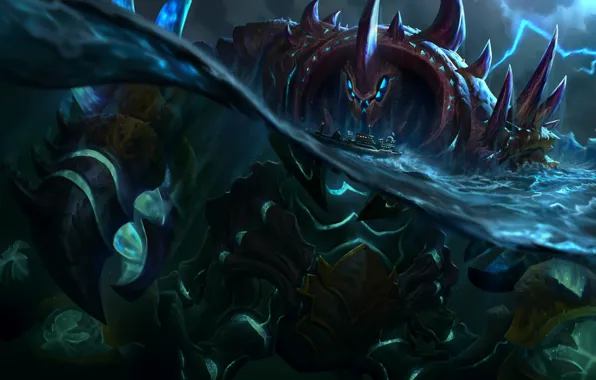 Вода, океан, скалы, корабль, монстр, существо, гигант, League Of Legends