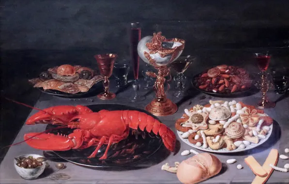 Картинка картина, Bruxelles, Nature morte au homard, Osias Beert, Still Life with Lobster, 1624