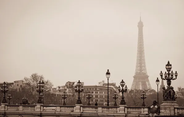 Мост, город, Франция, Париж, фонари, Эйфелева башня, Paris, архитектура