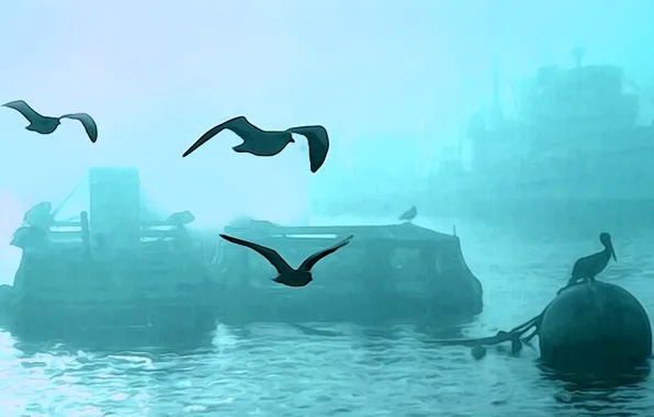 Птицы, туман, корабль, гавань