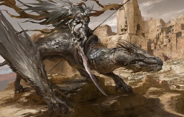 Картинка дракон, рыцарь, Russell Dongjun Lu, Desert Dragon Knight