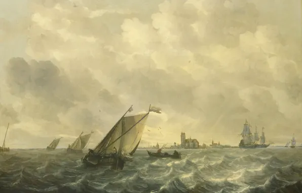 Корабль, масло, картина, парус, морской пейзаж, Вид Реки, 1670, Абрахам ван Бейерен